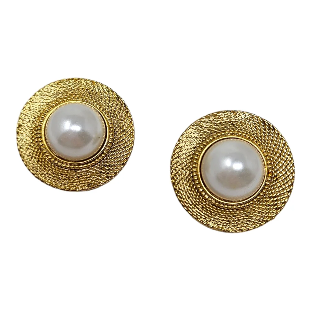 Round Gold Tone Faux Pearl Dome Earrings Clip-On